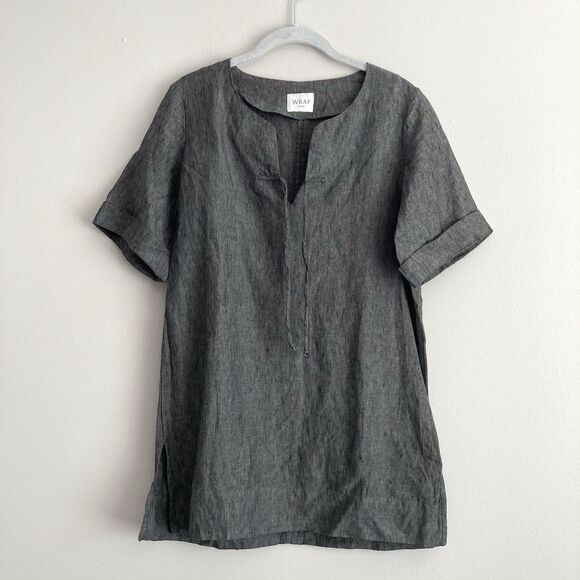 Wrap London Gray Linen Tunic Top Short Cuffed Sleeves Gray Size 2 Lagenlook - Picture 1 of 10
